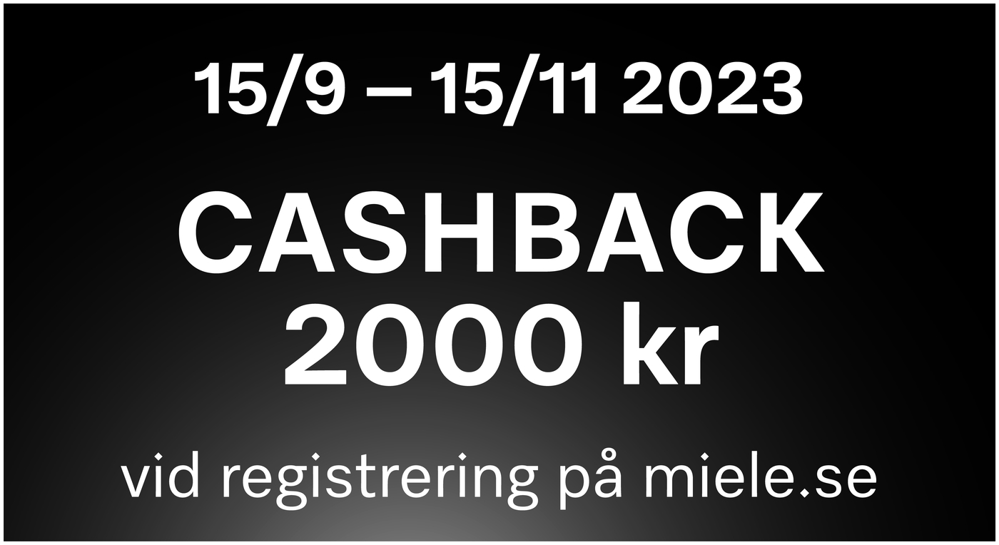 I mer än 120 år har Miele producerat produkter av exceptionellt hög kvalitet och lång hållbarhet. Just nu har Miele ett extra förmånligt erbjudande på utvalda produktkategorier. Miele ger dig 2000 kr i cashback när du köper en Miele tvättmaskin med TwinDos, en diskmaskin med AutoDos, en valfri ugn eller utvalda kyl- & frysskåp. Köpet måste göras under kampanjperioden 15 september till 15 november 2023. Allt du behöver göra för att få din cashback är att registrera produkten hos Miele senast den 31 december 2023. Kampanjen omfattar alla Mieles tvättmaskiner och tvätt/tork‑kombination med TwinDos, diskmaskiner med AutoDos, alla typer av ugnar och ett urval av kyl- & frysskåp.