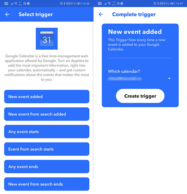 Synka dina kalendrar genom att använda IFTTT-programmet - Steg 2 En skärmavbild av IFTTT programmet som visar det andra steget i hur du synkar din kalender