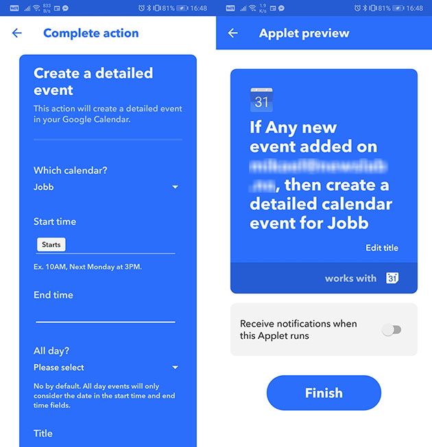 Synka dina kalendrar genom att använda IFTTT-programmet - Steg 4 En skärmavbild av IFTTT programmet som visar det andra steget i hur du synkar din kalender