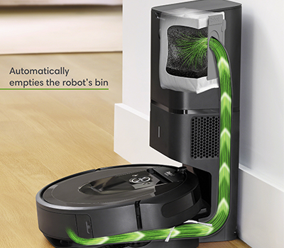 Med automatisk tömning slipper du tömma robotdammsugaren Bild på den externa dammbehållaren som visar när Roomba i7+ tömmer sig