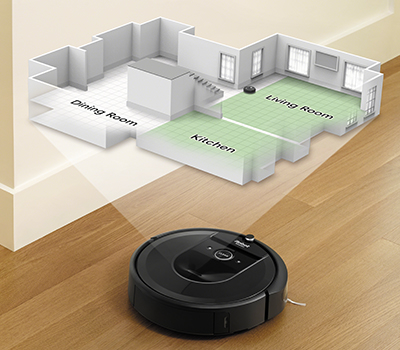 Bild på iRobot Roomba i7+ med karta över rummen i ett hus Imprint™ Smart Mapping lär Roomba i7+ sig att känna igen hela ditt hem