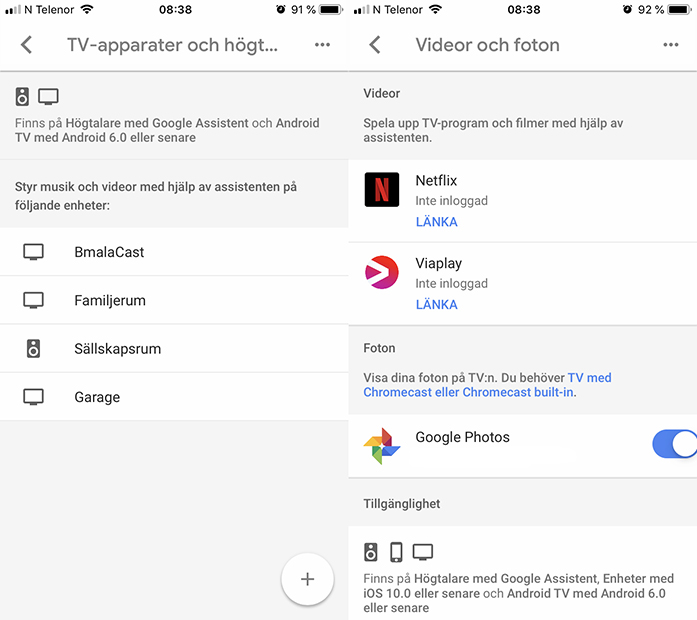 Anslut enheter och streamingtjänser till din Google Assistant En skärm i Google Home-appen som visar olika anslutna enheter och videotjänster.