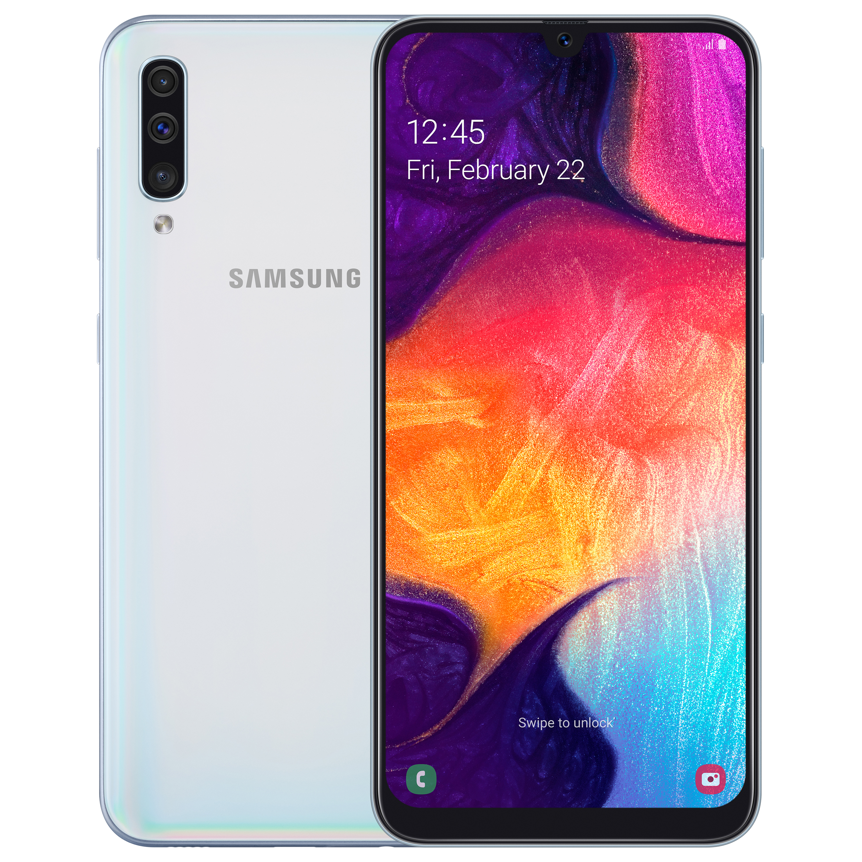 Samsung Galaxy A50 står för design Samsung Galaxy A50 i vitt