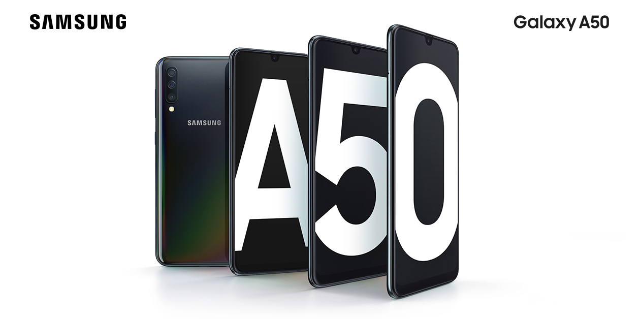 Nyheten Samsung Galaxy A50 har mer av det du faktiskt behöver Fire Samsung Galaxy A50 smartphones på en banner