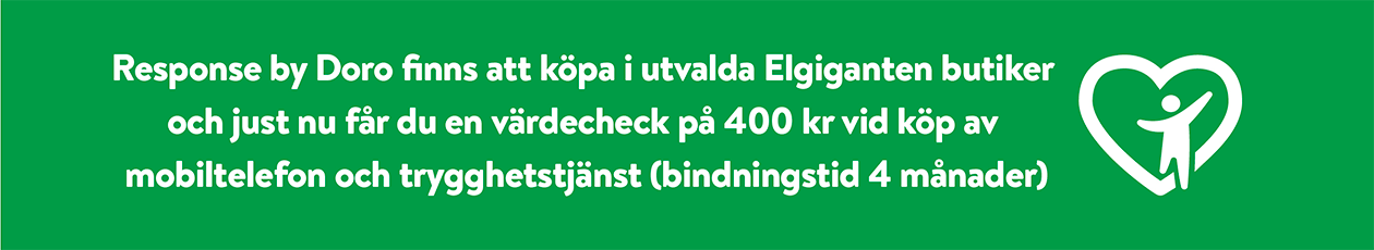 Få 400 kr om du köper en Doro-mobil och en trygghetstjänst hos Elgiganten Text på grön bakgrund som säger att du får 400 kr rabatt om du köper en mobil och en trygghetstjänst