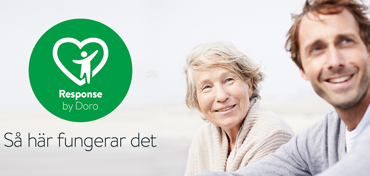 Response by Doro – Så här fungerar det En äldre man och kvinna som sitter bredvid varandra med Response by Doro-logga