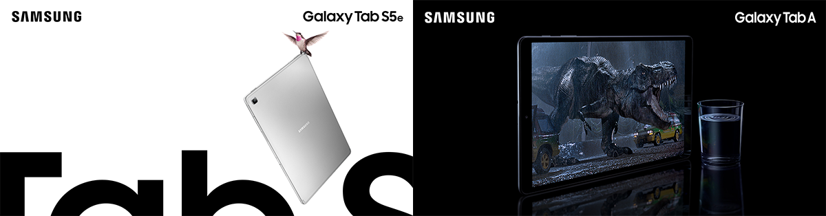 Samsung Galaxy Tab S5e och Galaxy Tab A Samsung Galaxy Tab S5e hålls upp av en kolibri och Galaxy Tab A som visar en T-Rex på skärmen som ryter, vilket får ett glas vatten att skaka