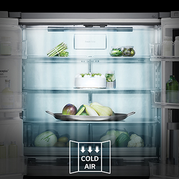 FRESHShield COOLING Öppet kylskåp med en Cold Air-illustration nedtill