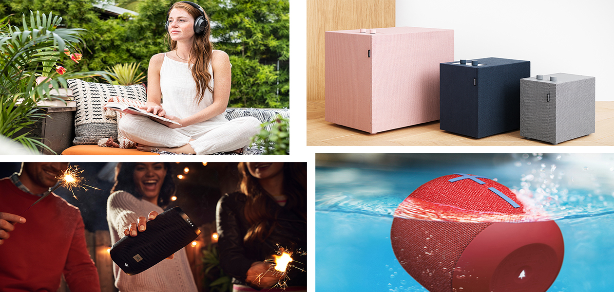 Vad är aktiv brusreducering, Bluetooth, multiroom och Dobly Atmos? Fyrdelad bild med högtalare och hörlurar
