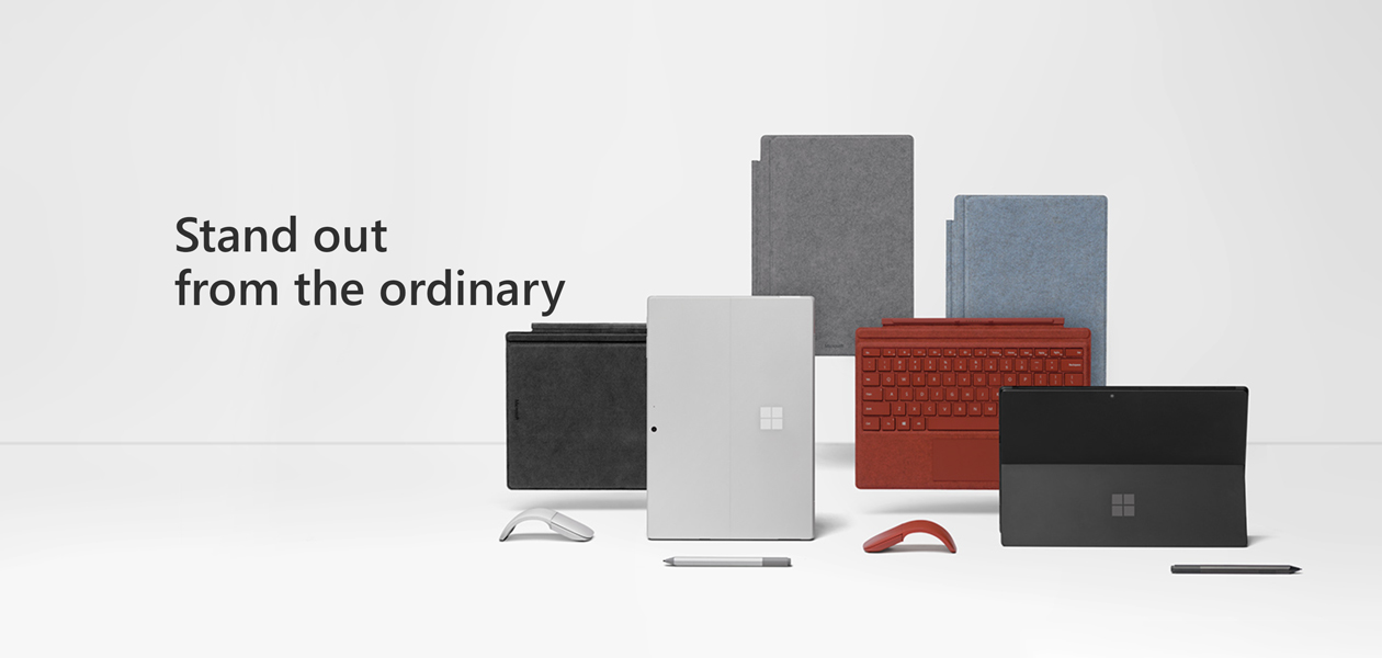 Surface Pro 7 från Microsoft Alla Surface Pro-datorerna och tillbehören samt texten Stand out from the ordinary