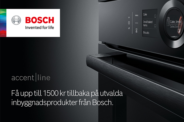 Cashback Campaign – få upp till 1500 kr tillbaka Bosch logotyp, kampanjtext och en Bosch inbyggnadsugn