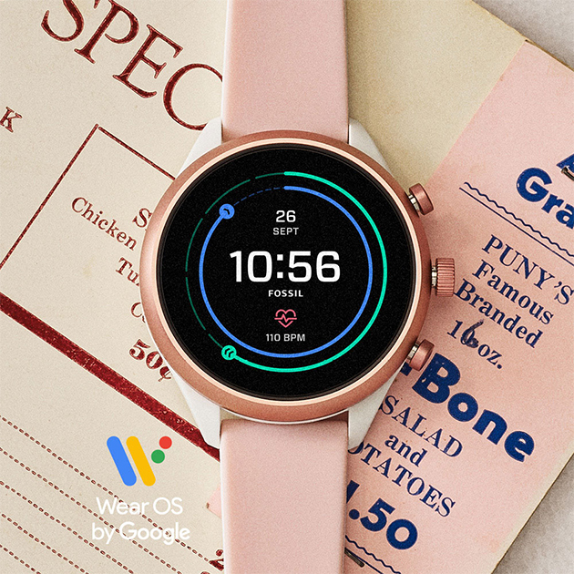 Fossil Sport Smartwatch Rosa Sport Smartwatch som ligger på en meny