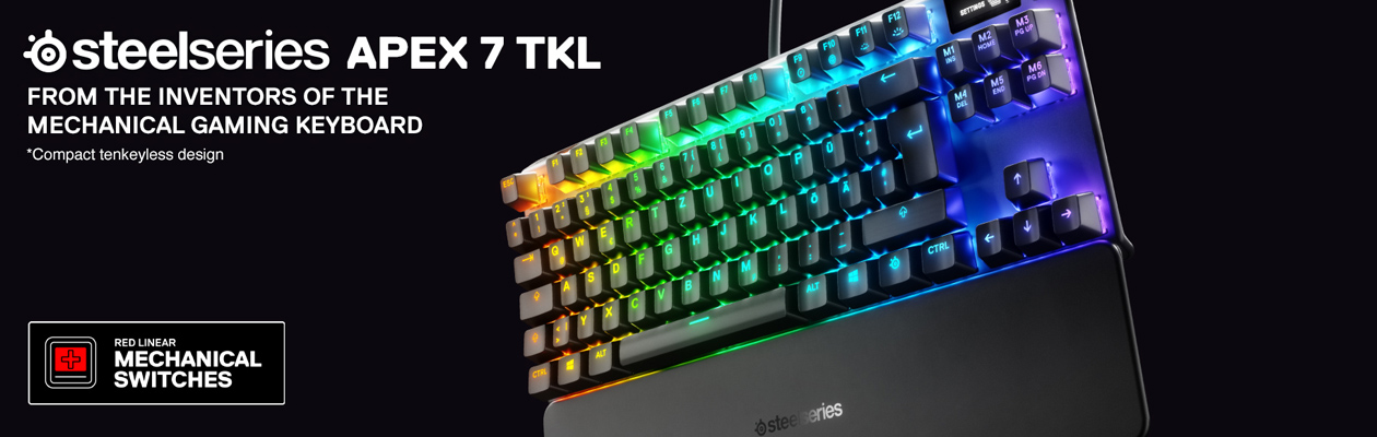 SteelSeries Apex 7 TKL SteelSeries Apex 7 TKL gaming tangentbord mot svart bakgrund.