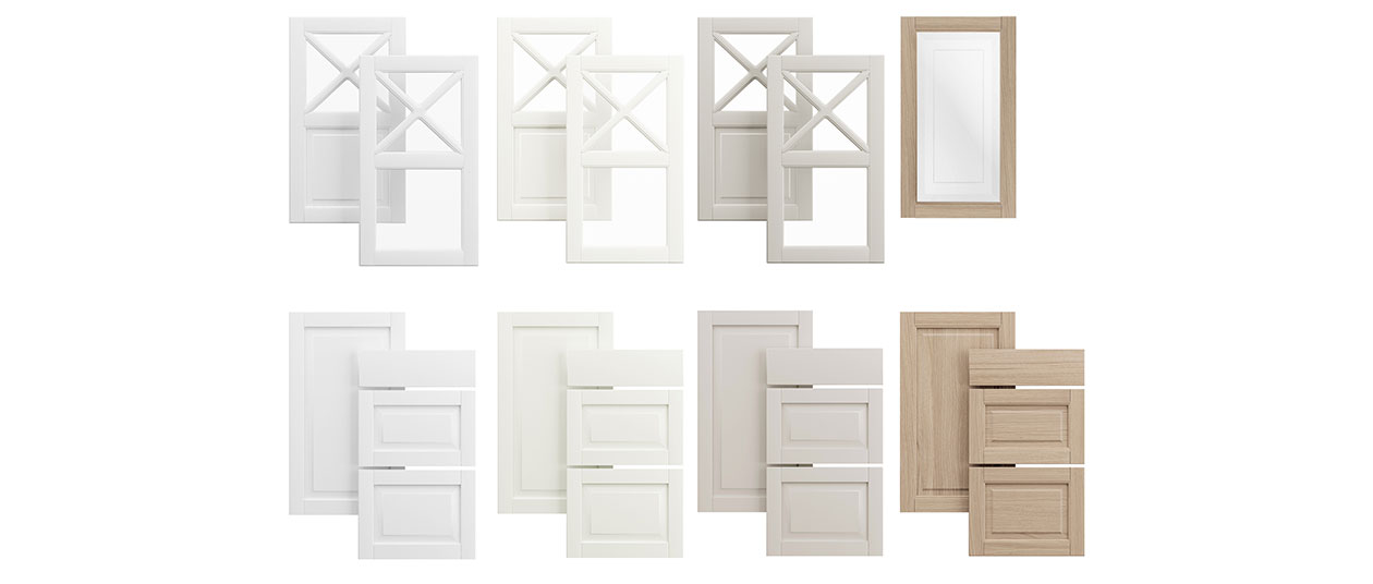 Fasett Classic White, Offwhite, Grey och Natural Oak Epoq-fronter av typen Fasett