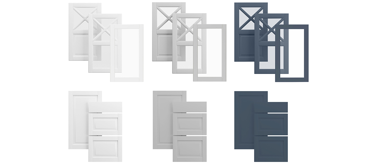 Epoq-fronter av typen Heritage Classic White, Light Grey och Blue Grey Epoq-fronter av typen Heritage Classic White, Light Grey och Blue Grey