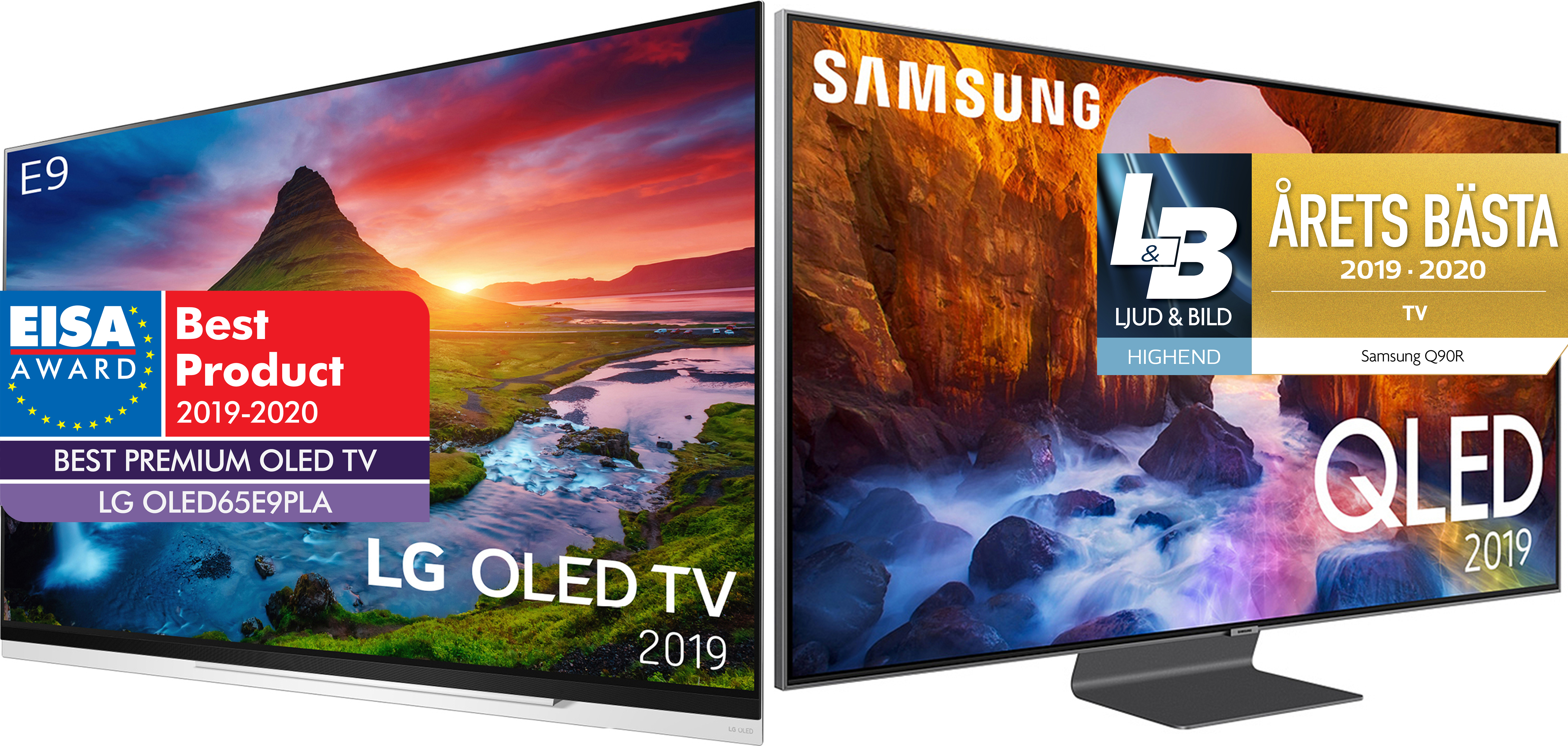 Elgiganten har bäst i test TV-apparater i alla storlekar och prisklasser Bild av två TV-apparater med bäst-i-test logotyper