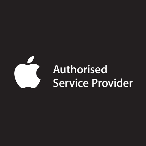 Logga med text om att Elgiganten är auktoriserad reparatör av Apple-produkter