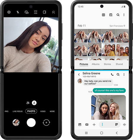 Galaxy Z Flip har selvfølgelig fantastisk skarpe kameraer på begge sider med smarte fotofunktioner Samsung Galaxy Z Flip
