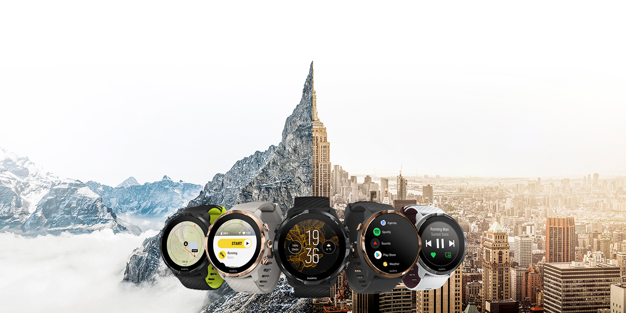 Suunto 7 – aktivitetsarmband och smartwatch i ett Suunto 7 aktivitetsarmband och smartwatch framför stad och berg