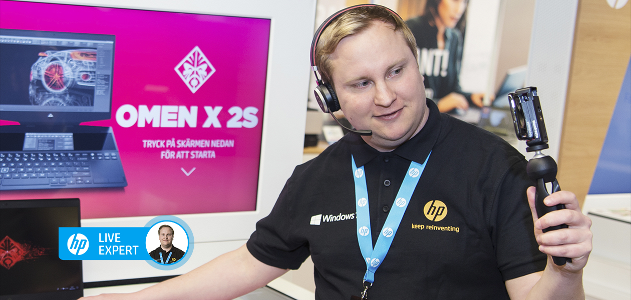 HP Live Expert Fotomontage med en man med headset och en logotyp för HP Live Expert