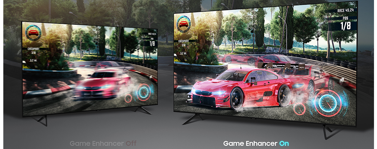 Game Enhancer framhäver detaljer i ljusa och mörka områden TV-apparater som visar skillnaden i skärpa för TV med och utan Gaming Enhancer-teknologi