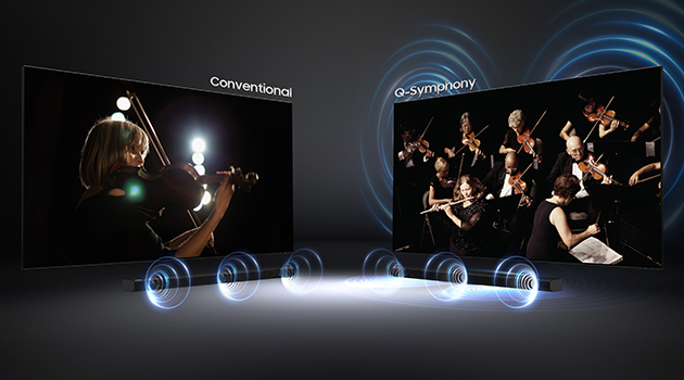 Med en Samsung Soundbar får du ljudet som matchar din QLED-TV Två QLED TV-apparater med en violinist och en orkester