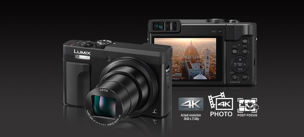 Panasonic LUMIX TZ90 Två svarta TZ90, den ena visas bakifrån och den andra framifrån med objektivet i maximalt utzoomat läge