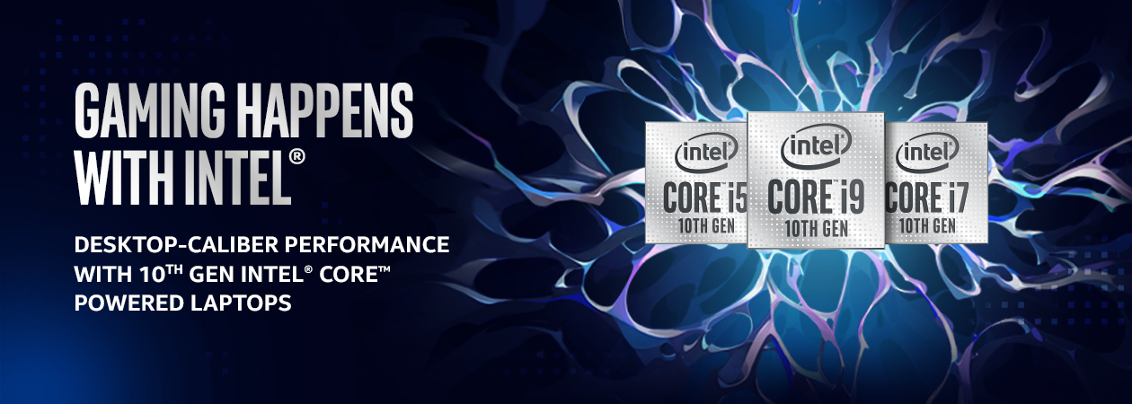 Gaming happens with Intel Intel Core i9, i7 och i5 emblem bredvid varandra