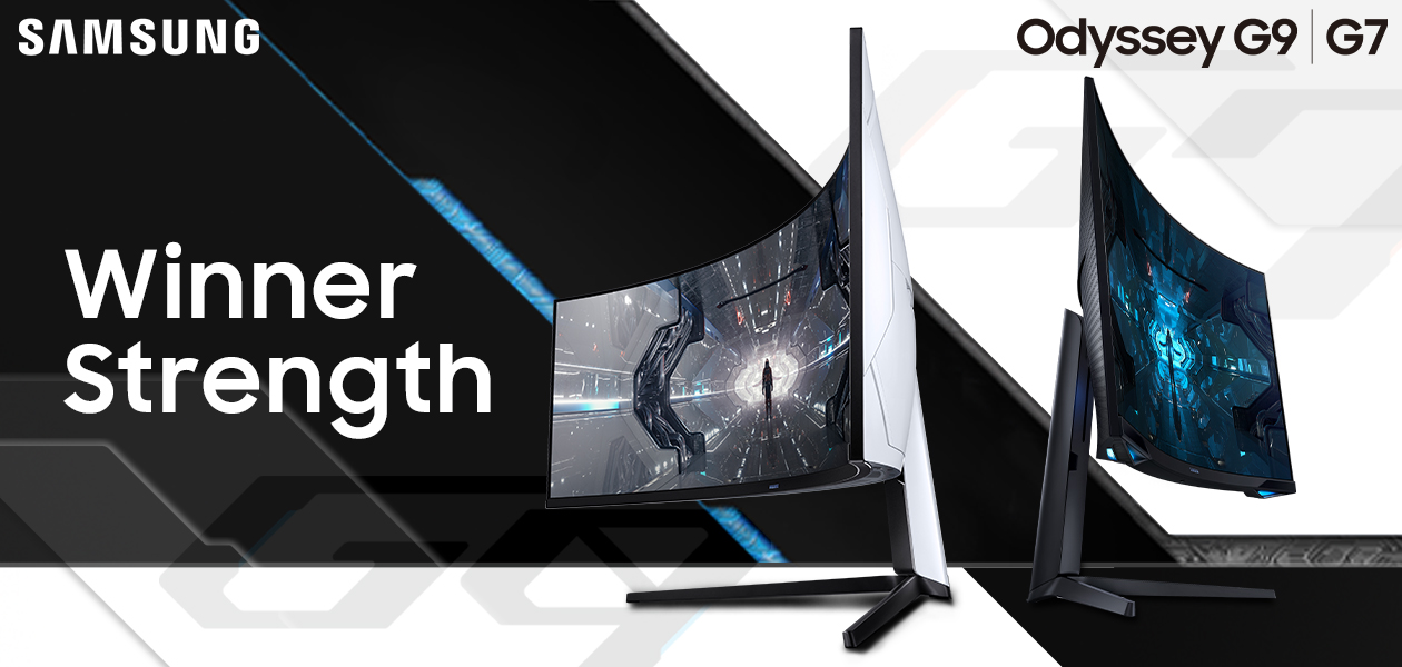 Samsung Odyssey G7 och G9 Samsung Odyssey G7 och G9 bredvid varandra med texten Winner Strength som svävar