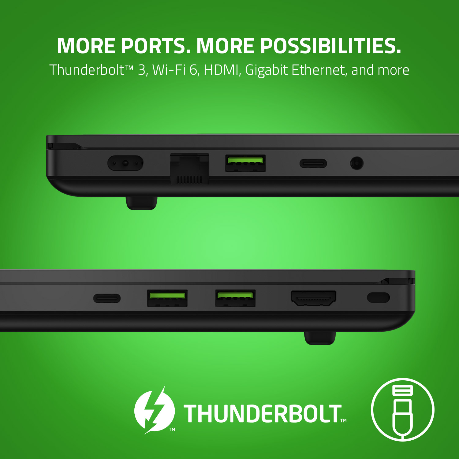 Många anslutningsmöjligheter, både fysiska och trådlösa Thunderbolt 3, Wi-Fi 6, HDMI, Gigabit Ethernet och fler av de portarna och anslutningsmöjligheterna Blade 15 har