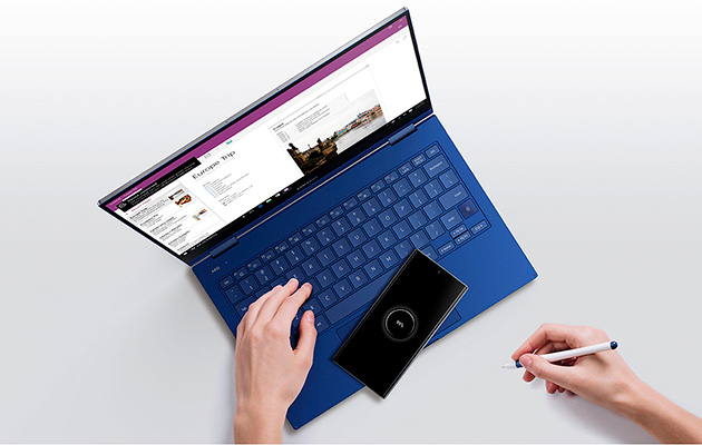 Du kan ladda din mobil på Samsung Galaxy Book Flex Mobil laddas på Samsung Galaxy Book Flex pekplatta