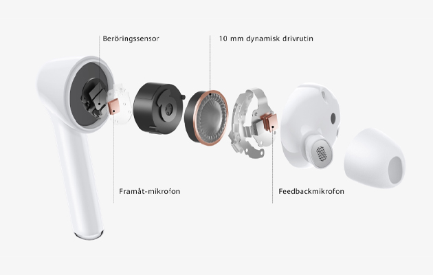 Huawei Freebuds 3i har en kraftfull bas Huawei Freebuds 3i med komponenterna inuti