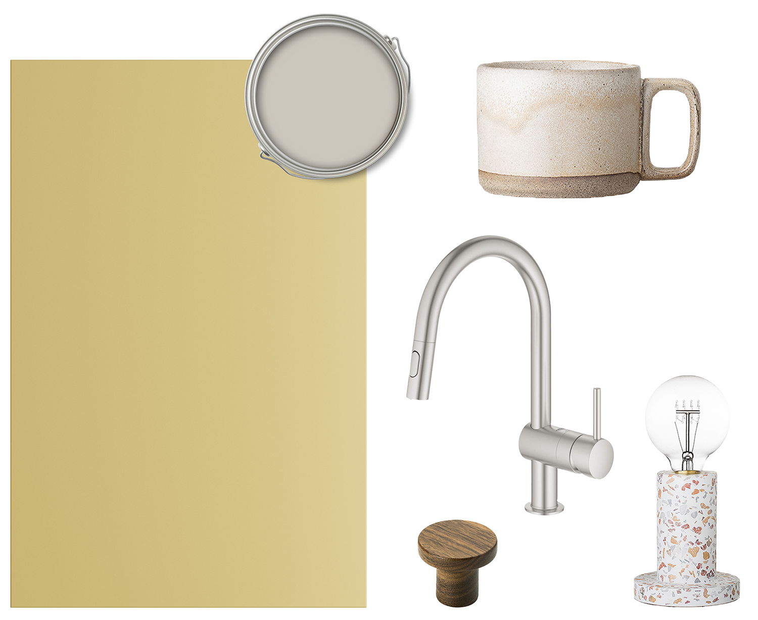 Trend Mellow är en djärv mjuk gul färg Ett collage av Trend-front i Mellow, blandare, lampa, mugg och knopp