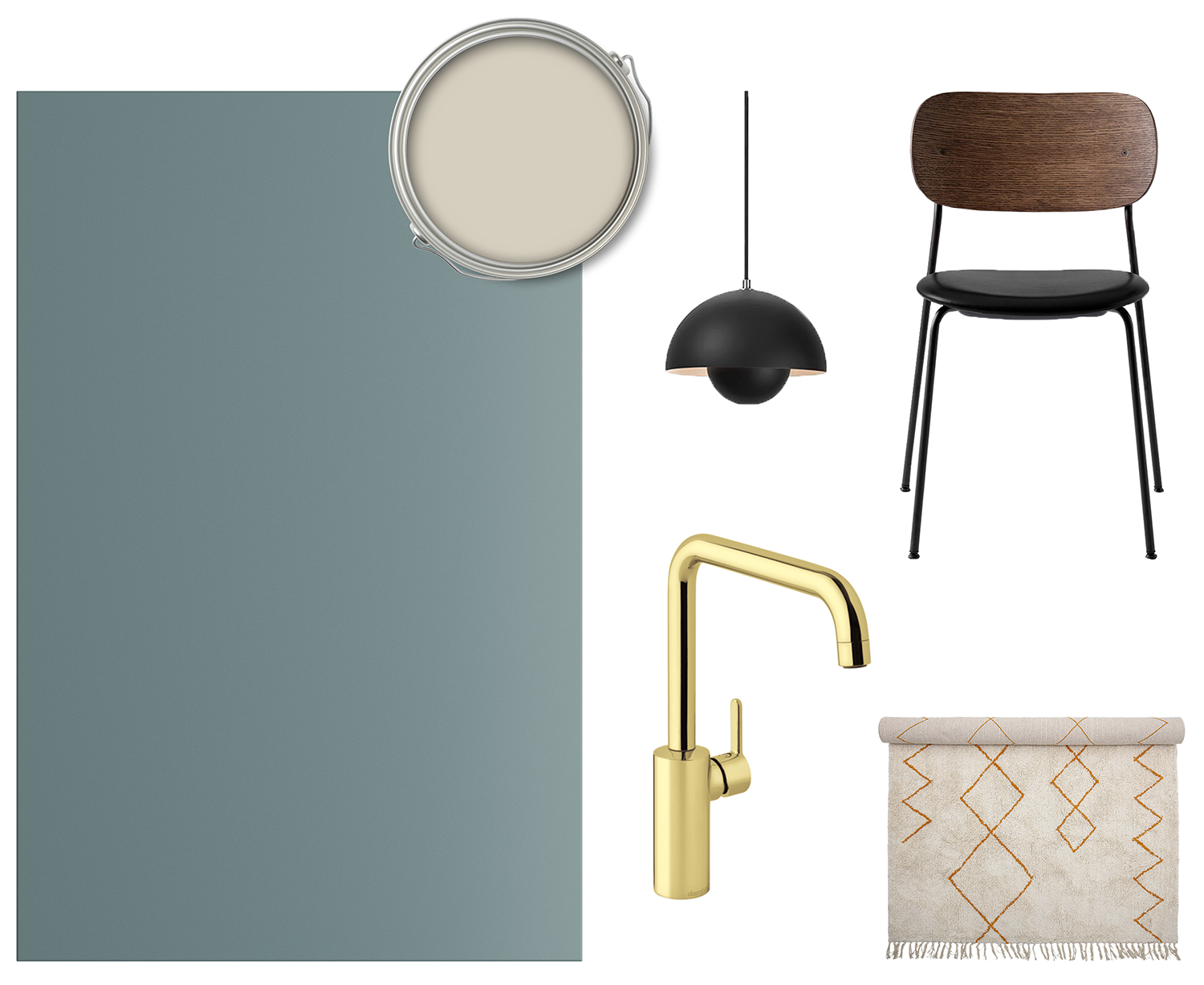 Trend Petrol är en grönblå färg med varma undertoner Ett collage av Trend-front i Petrol, blandare, lampa, stol och matta
