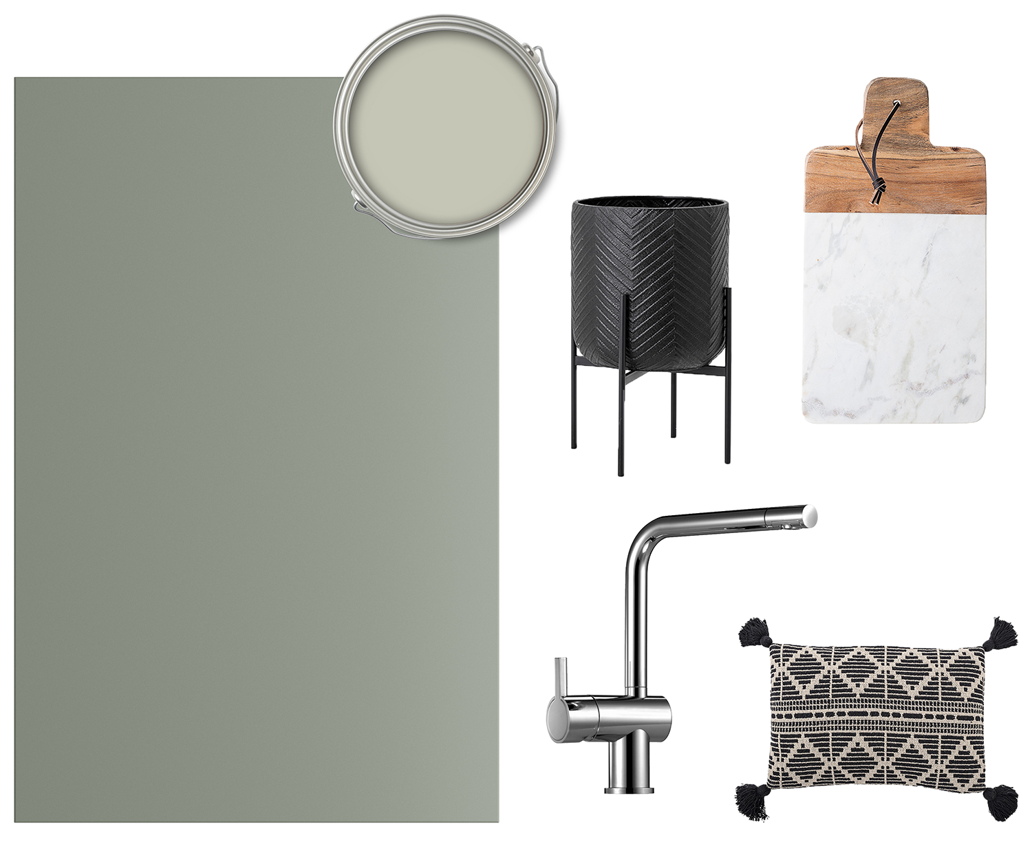 Dusty green Trend Sage skapar en trevlig och lugn atmosfär Ett collage av Trend-front i Sage, blandare, blomkruka, skärbräda och kudde