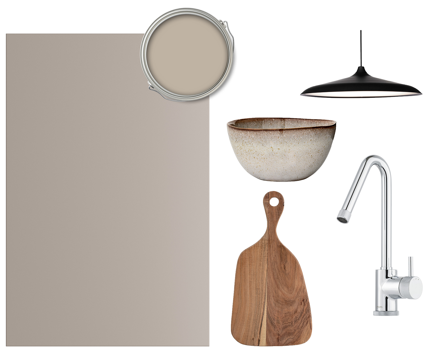 Trend Sand är en trevlig, mörkbeige ton som uttrycker elegant enkelhet Ett collage av Trend-front i Sand, blandare, lampa, skål och skärbräda från Bloomingville