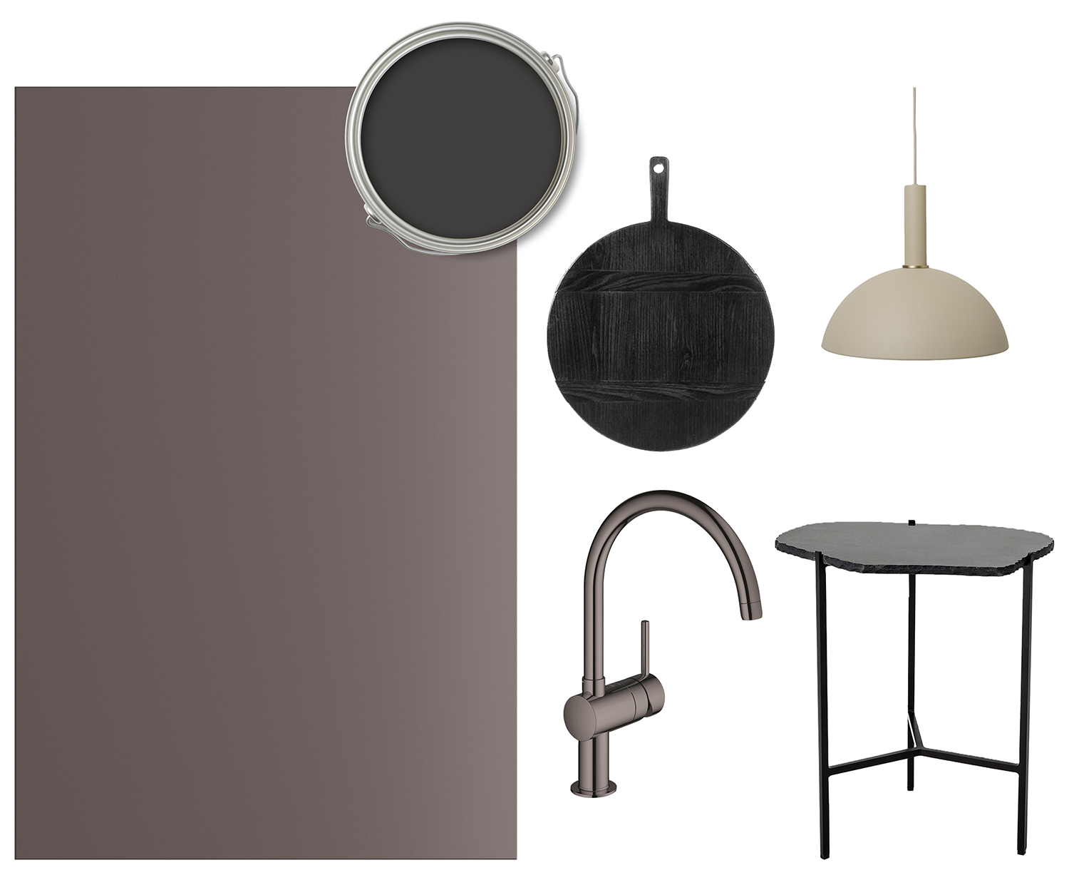 Trend Umber är en djup, mörkbrun färg Ett collage av Trend-front i Umber, blandare, lampa, skärbräda och bord