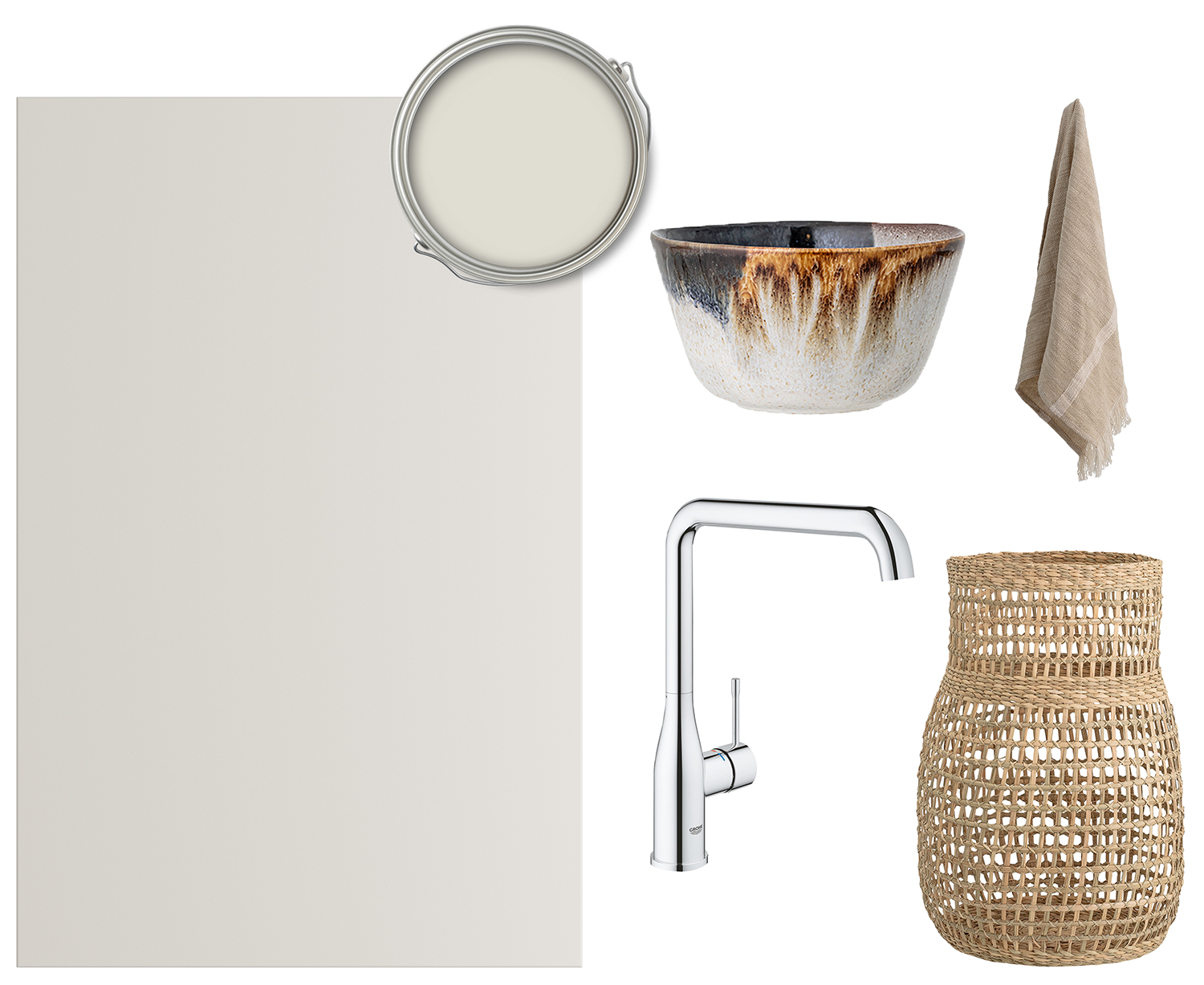 Trend Warm White ger en ljus och smakfull look Ett collage av Trend-front i Warm White, blandare, korg, handduk och en keramisk kruka