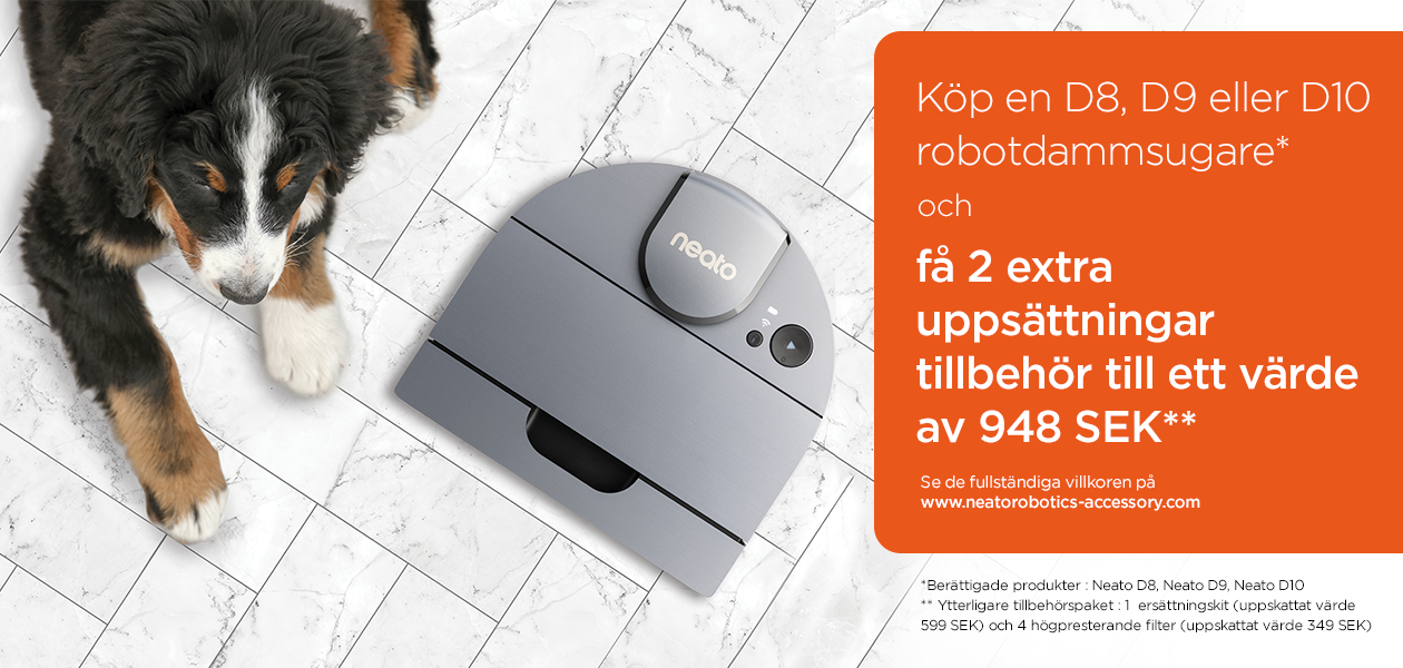 Neato-kampanj En hund sitter bredvid en Neato robotdammsugare och det är en kampanjtext under