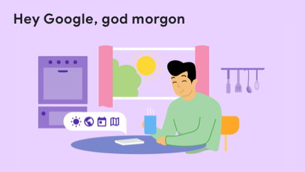 Hey Google, god morgon! Ritning av en man som sitter I köket