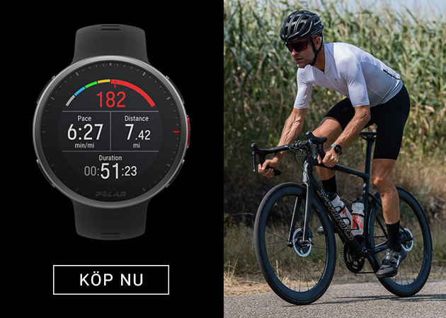 Smal på utsidan, smart på insidan. Polar Vantage V2 har allt du behöver i en multisportklocka! Polar Vantage V2 på armen på en man som cyklar