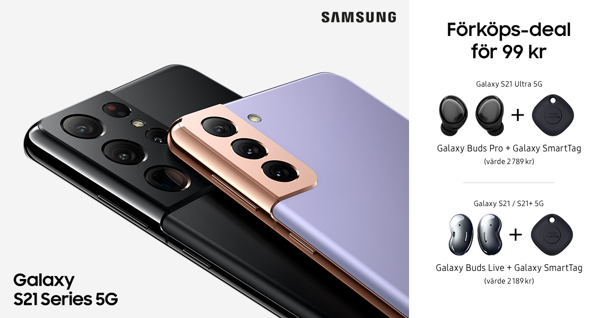 Samsung Galaxy S21 Ultra, S21 och S21 Plus överträffar fantasin – förbeställ idag och få ett bra erbjudande! Samsung Galaxy S21 på banner