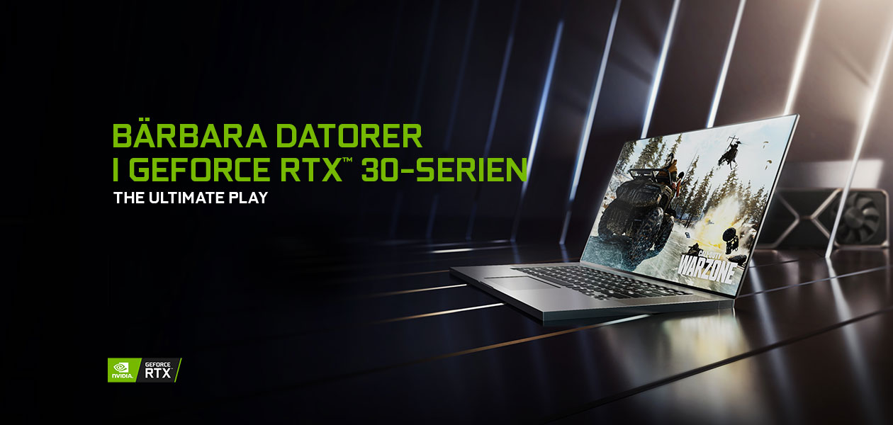 The Ultimate Play Stor grön text som läser Bärbara datorer i GeForce RTX 30-serien