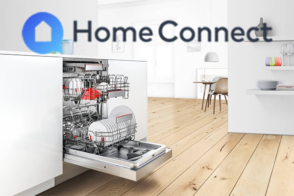 Bosch system master och Home connect En öppen diskmaskin i ett kök med en logga med skriften Home Connect bredvid