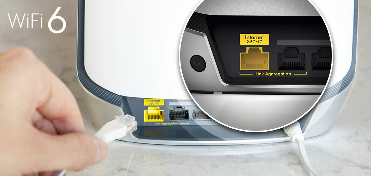 Multi-Gigabit-hastigheter och Ethernet-portar Portar på baksidan av Orbi WiFi 6
