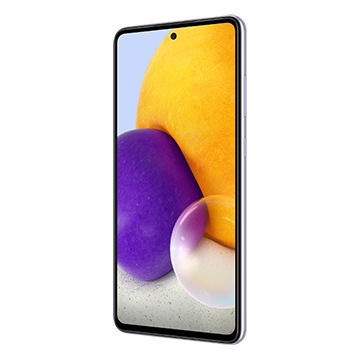 Uplpev en sAMOLED Infinity-O-skärm på 6,7 tum med en uppdateringsfrekvens på 90 Hz Samsung Galaxy A72 sedd framifrån