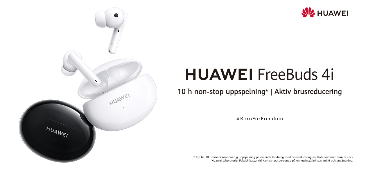 Huawei Freebuds 4i har aktiv brusreducering Huawei Freebuds 4i med laddningsfodral i tre olika färger