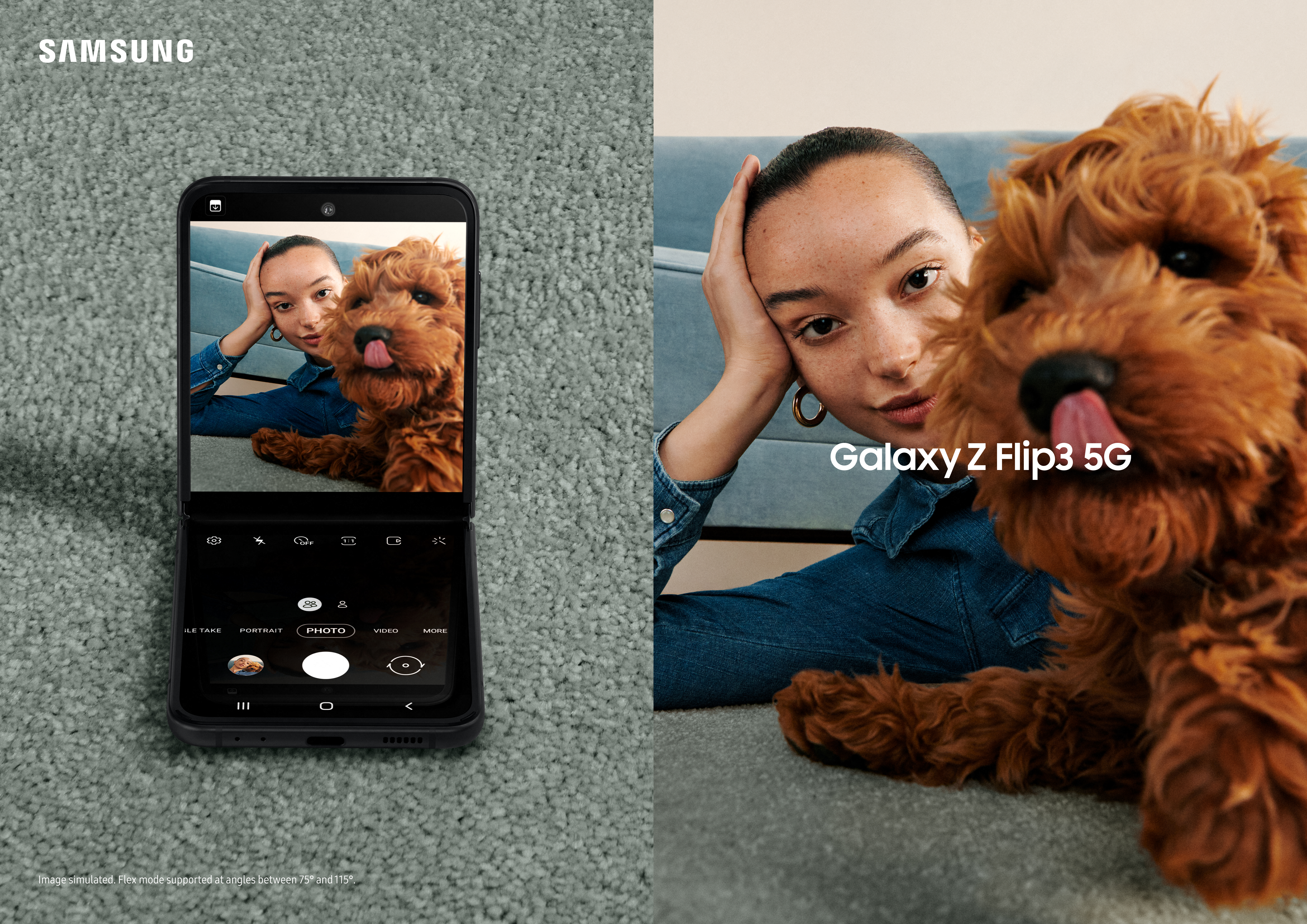 Galaxy Z Flip3 - Större frontskärm Kvinna tar bild av sig själv och hunden
