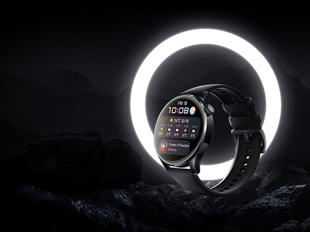 Din klocka har en SOS-nödsamtalsfunktion Huawei Watch 3 på svart bakgrund med rund belysning
