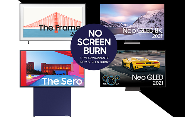 Registrera dig och få 10-års skärminbrännings-garanti Samsung-TV-apparater med texten No screen burn